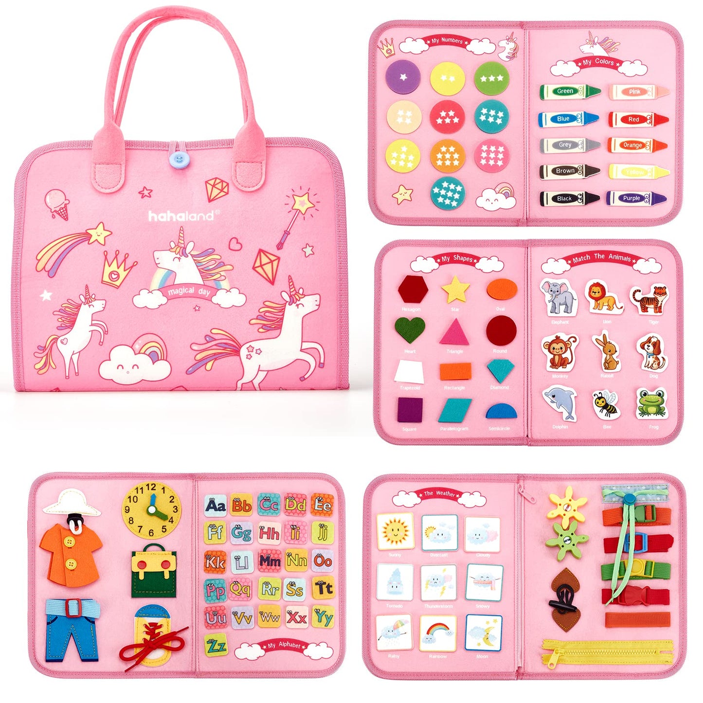 hahaland Toddler Busy Board Montessori Toys for 3 Year Old Girl Gifts, Educational Learning Toys with Life Skills, Alphabet, Number, Shape, Color, Car Ride Airplane Travel Toy Toddlers Girls Busy Book