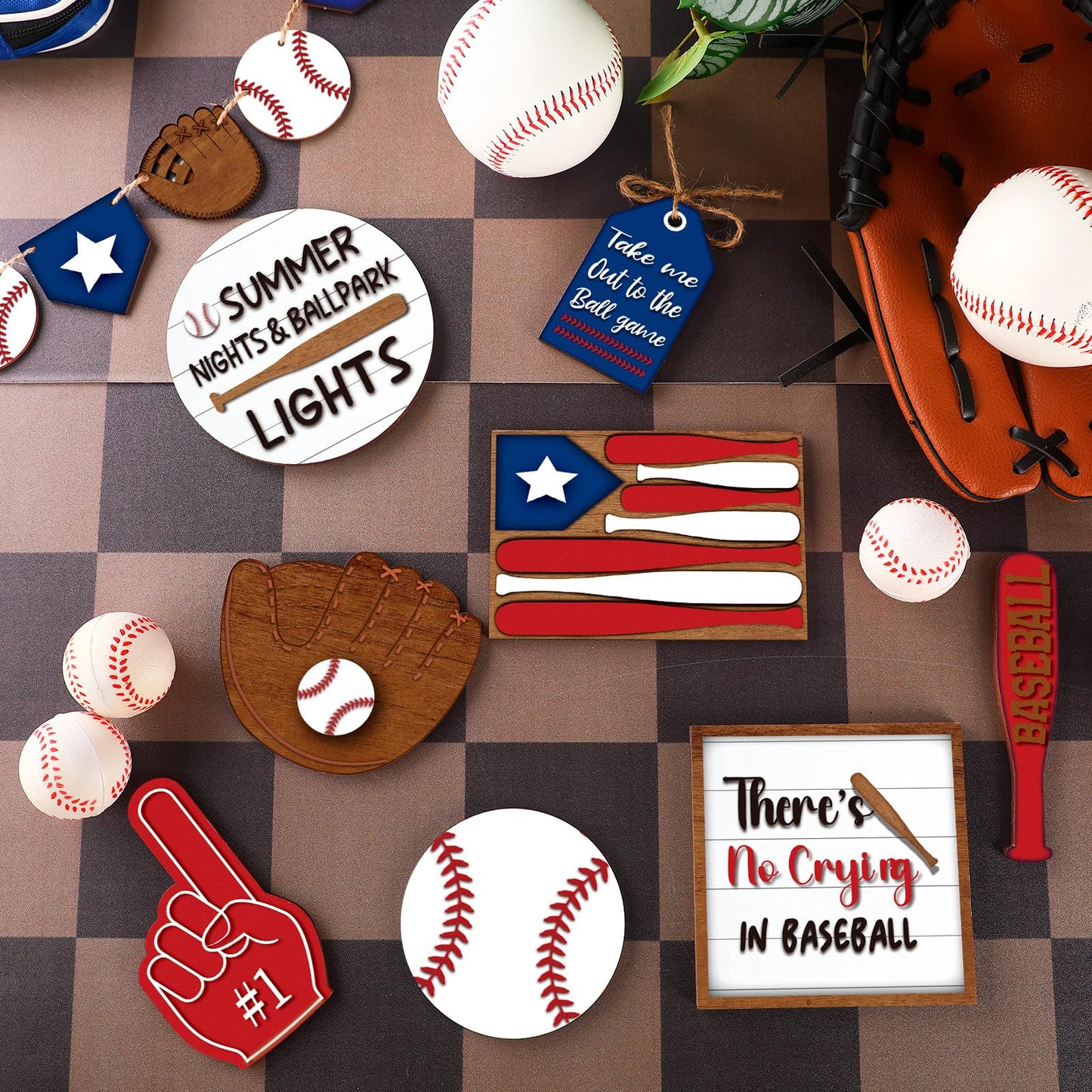 FairySandy 13 Pcs Baseball Tiered Tray Decor Wooden Baseball Table Centerpieces Decor Rustic Wooden Sport Game Sign for Fans Theme Party Supplies