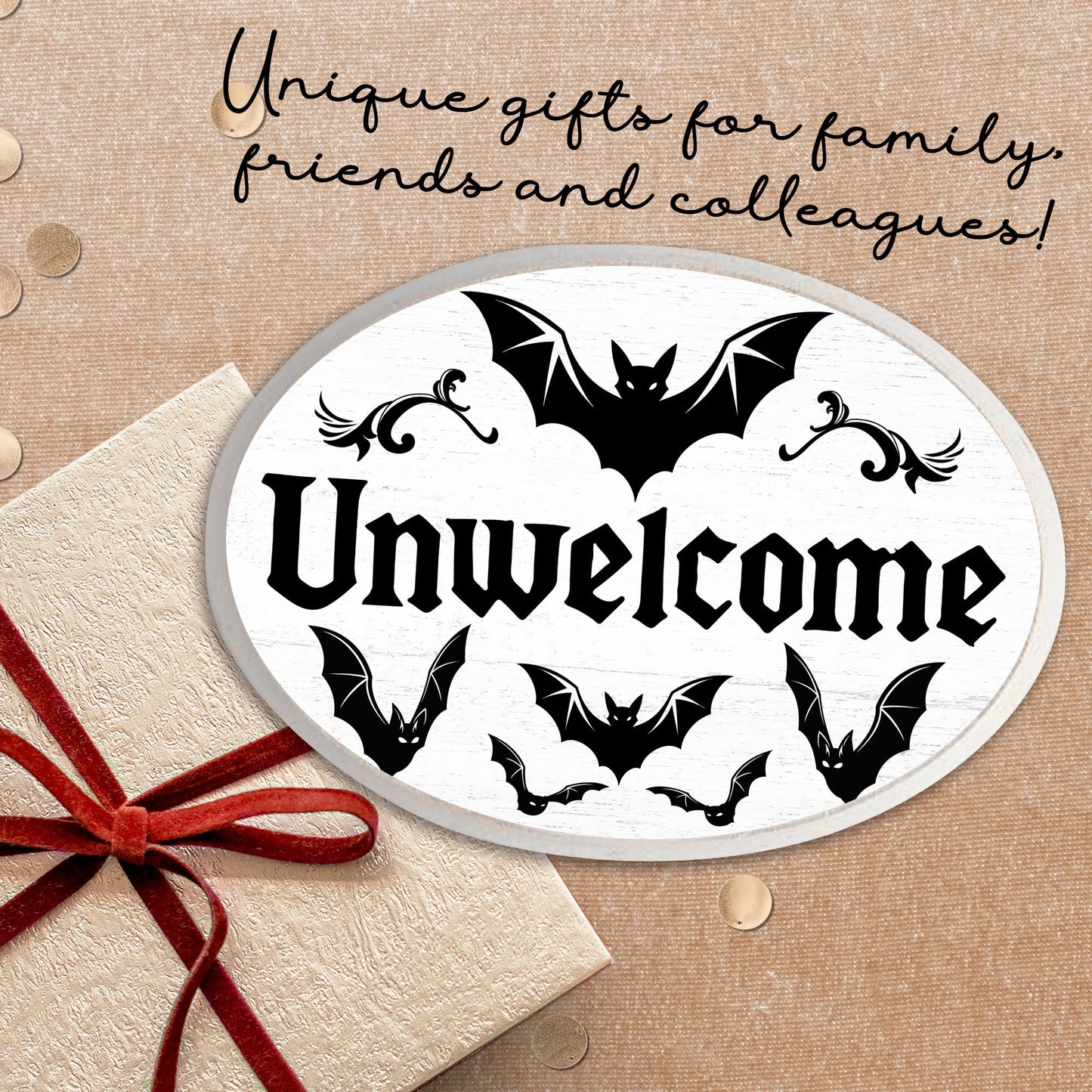5" x 7" Gothic Wooden Hanging Sign - Unwelcome - Funny Hanging Plaque Decor For Room Office Party Wall - Dark Bats Wall Art Gifts For Family & Friends - A04
