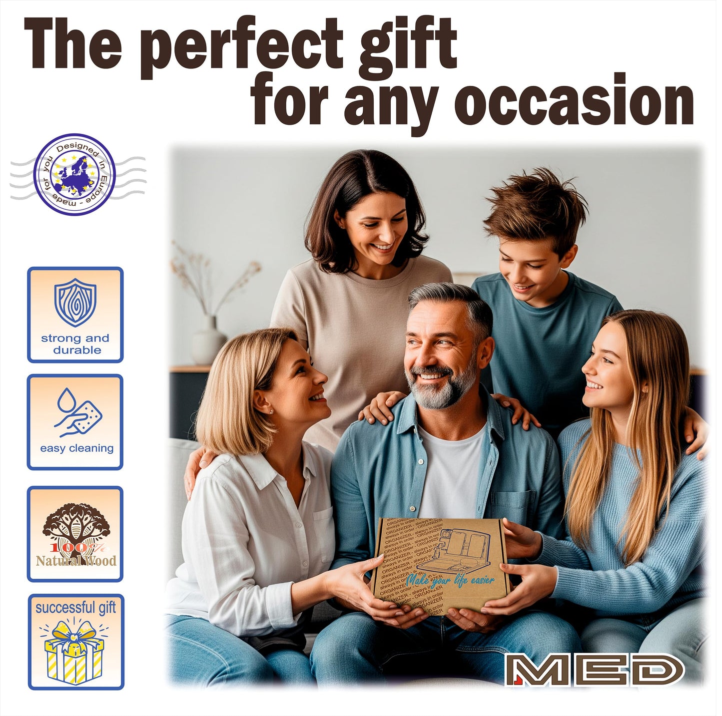 MED Wood Phone Docking Station for Men - Desk or Nightstand Organizer - Birthday Gifts for Husband, Dad - Anniversary Idea from Wife - Key Holder, Stand Wallet, Watch & Essentials (Dark Walnut)