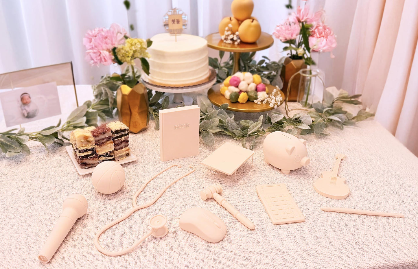 Premium Doljabi, Zhuazhou, Thoi NOI First Birthday Selection Set | 11 Pc Monochromatic Soft Silicone Items for Korean Doljanchi, Chinese, and Vietnamese 1st Bday Ceremony – Cultural Decor (Sand Pink)