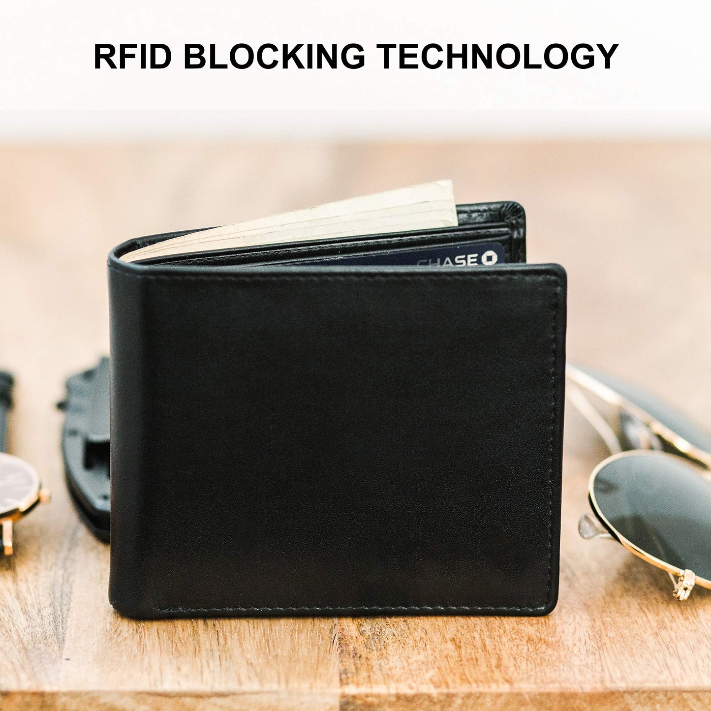 Top Grain Leather Wallet for Men | RFID Blocking | Extra Capacity Bifold Wallet with 2 ID Windows | Ultra Strong Stitching | Slim Billfold with 8 Card Slots | Gift for Him