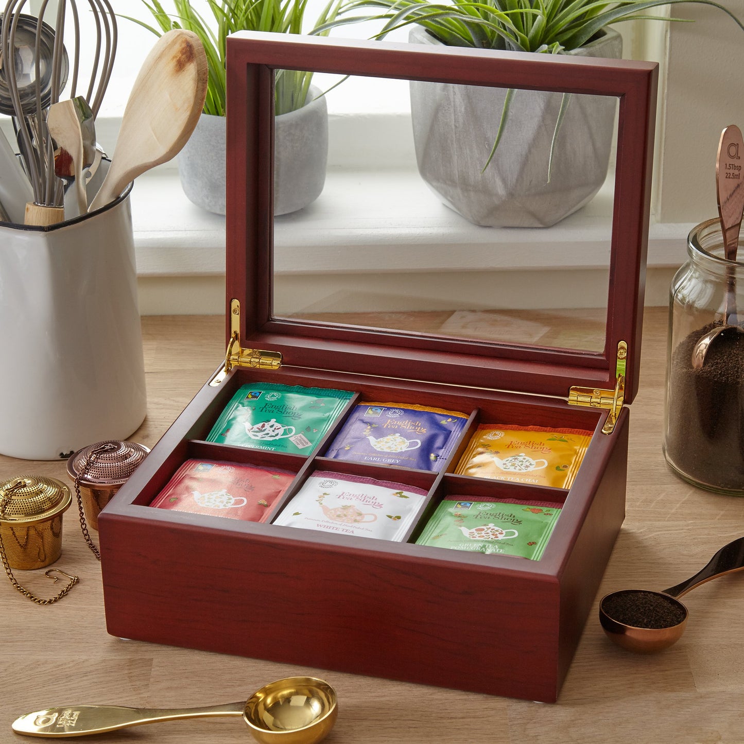 Tea Box - Luxury Wooden Tea Bag Organizer from The Apace Premier Collection - 6 Compartment Tea Storage Chest Container - Elegantly Handmade w/Scratch Resistant Window