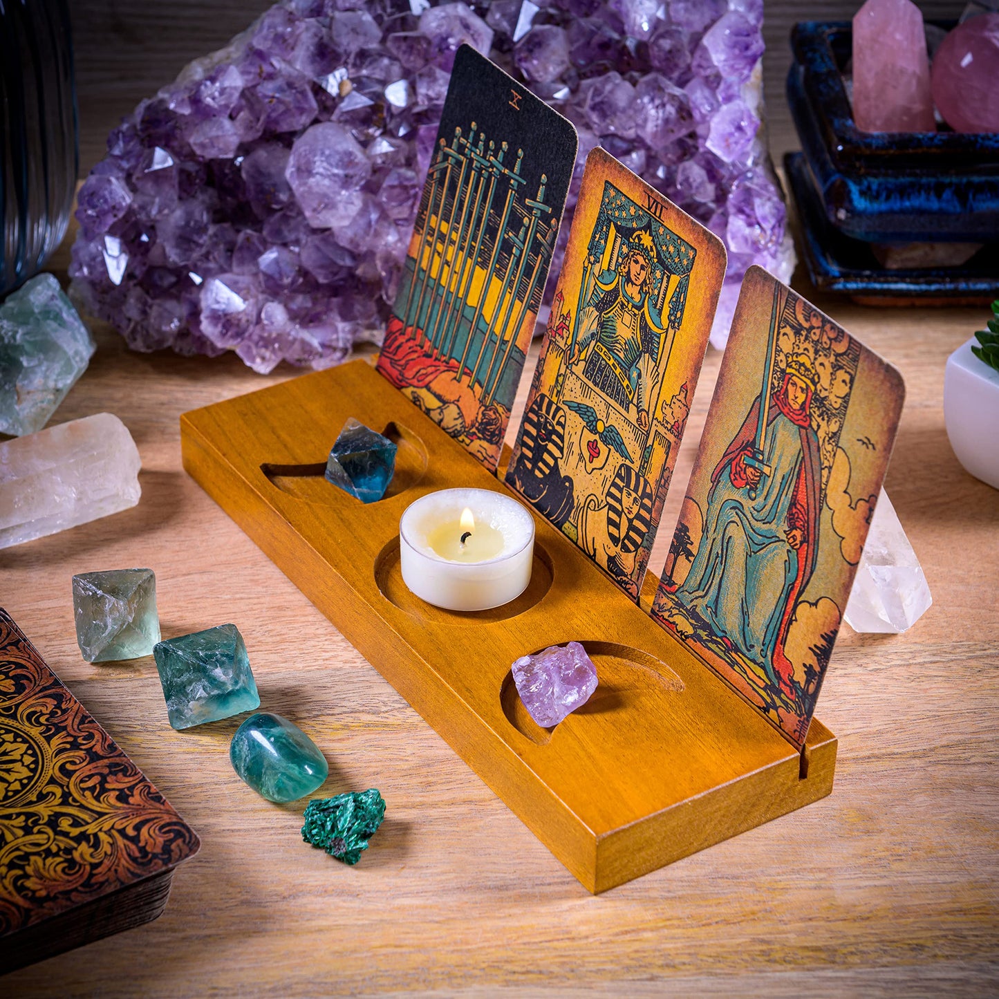 Curawood Tarot Card Holder Stand - Display Your Daily Draw - Witchy Gifts for Women, Tarot Accessories, Wiccan Altar Supplies, Witchcraft Decor, Divination Tools - 3-Card Stand with Etched Moon