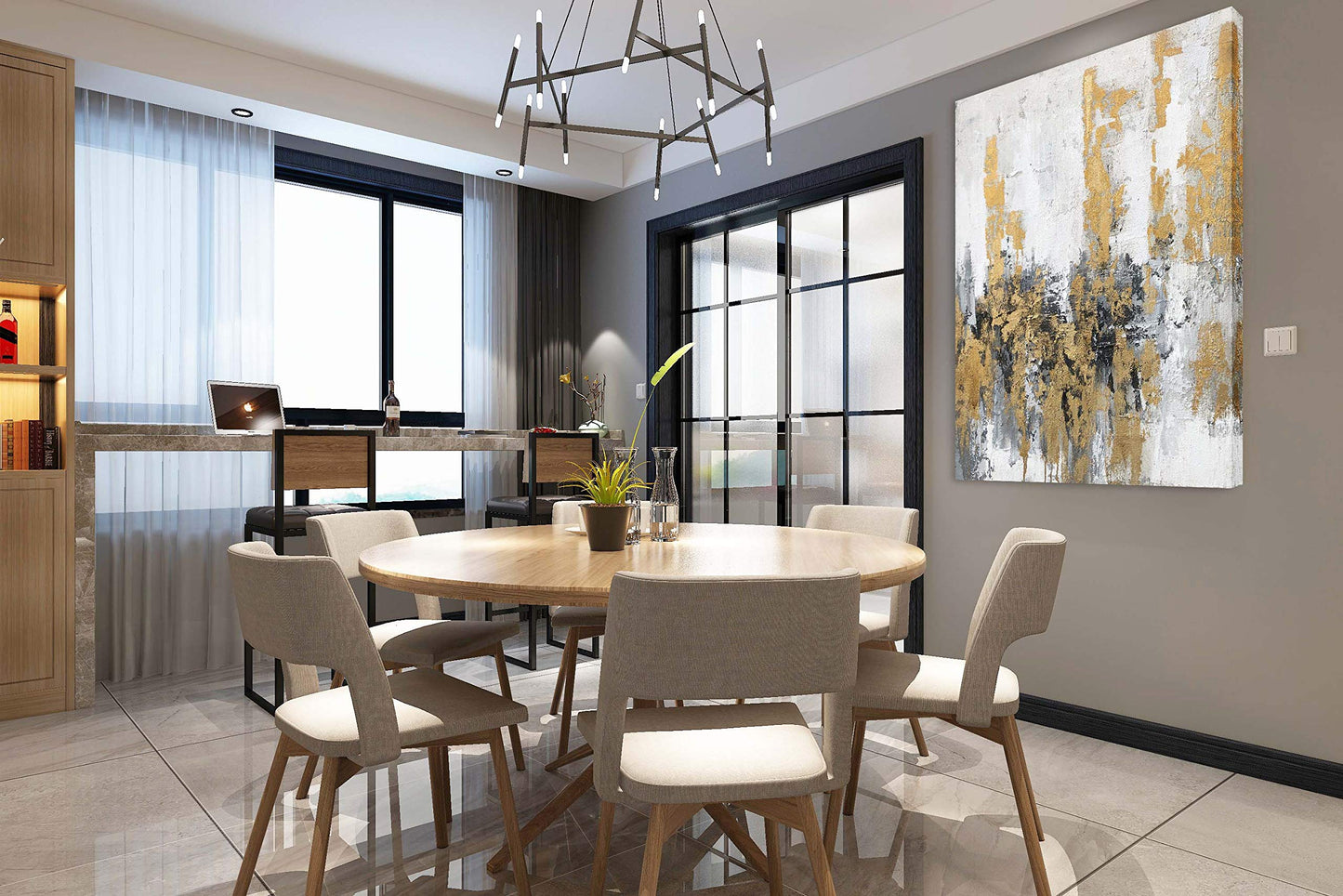 Yihui Arts Modern Abstract Skyline Canvas Wall Artwork with Gold Foil Hand Painted Art Painting Pictures for Living Room Bathroom Home Decoration