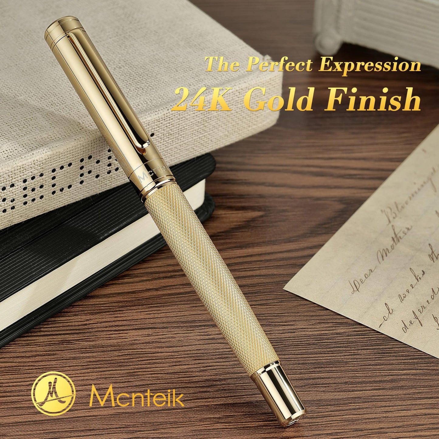 MCNTEIK Gold Rollerball Pen, Stunning Luxury Pen with Mesh Texture Design and 24K Gold Finish, Fancy Gift Set for Men & Women, Business Signature, Executive, Office, Nice Fancy Designer Pens