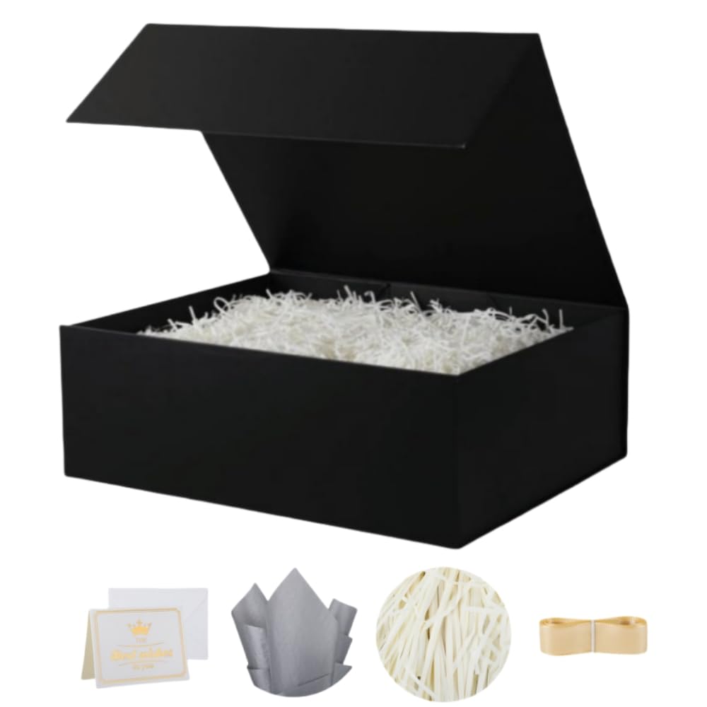 UoeRing 1 Pcs Black Gift Box Large 13.5x11.8x4.7 inch Luxury Birthday Gift Box for Presents with Magnetic Closure Lid Collapsible,Contains Card, Ribbon, Tissue Paper,Shredded Paper Filler