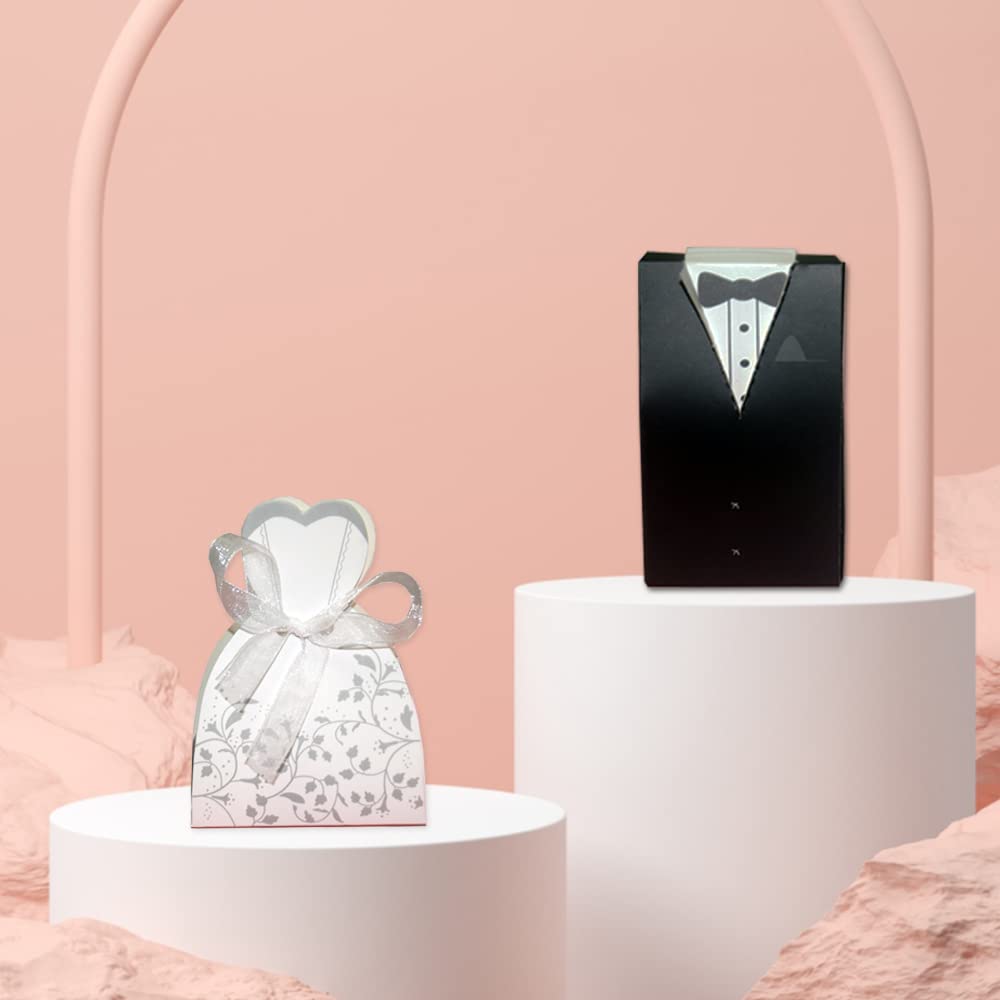 KAKABUQU 100 Pcs Wedding Favor Boxes - Romantic Party Cardboard Candy Boxes With Bride and Groom Dress Design for Chocolate Gifts, Bridal Shower Decoration Supplies
