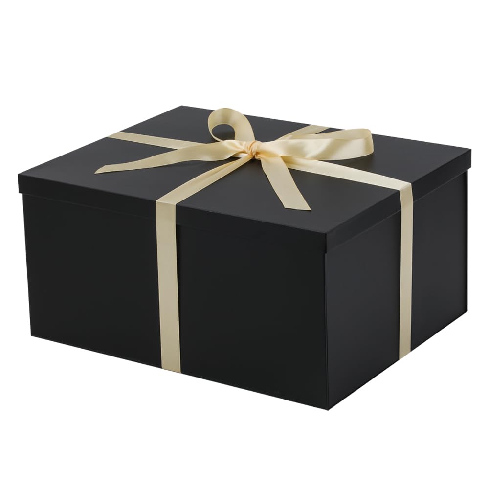UoeRing 1Pcs Black Extra Large gift box with lids 16.5×13×8 Inches gift boxes for presents,Birthday Box (include Ribbon, Paper Shred Filler Gift Card & Envelopes)