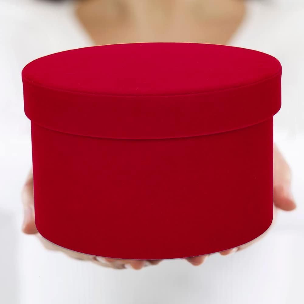 GnFlus Red Gift Boxes with Lids for Presents Set of 4 Round Velvet Nesting Christmas Gifts Box for Arrangements Flowers Wedding Birthday Valentines Bridesmaid Party Anniversary