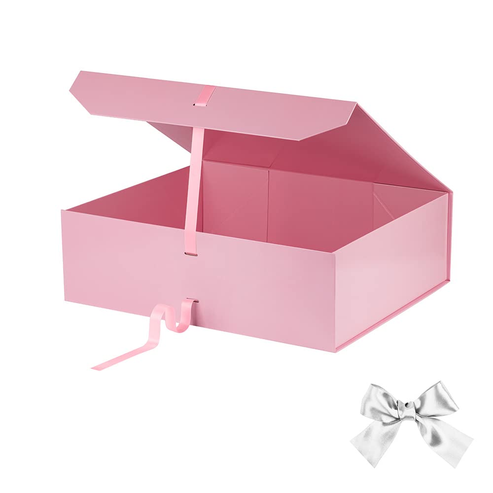 GoooodGift Extra Large Pink Gift Box with Ribbon 19x16x6 Inches, Gift Box with Lid Magnetic Closure, Groomsman Proposal Box, Rectangle Collapsible Gift Boxes for Wedding Dress(Pink)