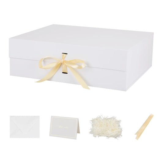 BoxSkivra White Extra Large Gift Box with Lid 1 Pack 19x16x6 Inch Large Gift Boxes with Crinkle Paper & Card Magnetic Gift Box with Ribbon for Wedding Dress