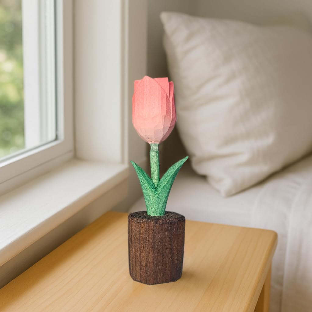 Handcrafted Wooden Tulip Figurine – Elegant Basswood Carved Sculpture, Unique Gift with Premium Gift Box, Ideal for Mother’s Day, Anniversary, Birthday, Home Office Décor (Pink)