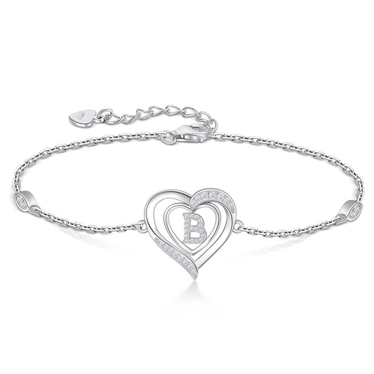 RIVIKO Heart Initial Bracelets for Women,925 Sterling Silver Letter B Bracelets,Personalized Charm Alphabet Jewelry Anniversary Valentines Birthday Gifts for Women Her Mom Wife Lady