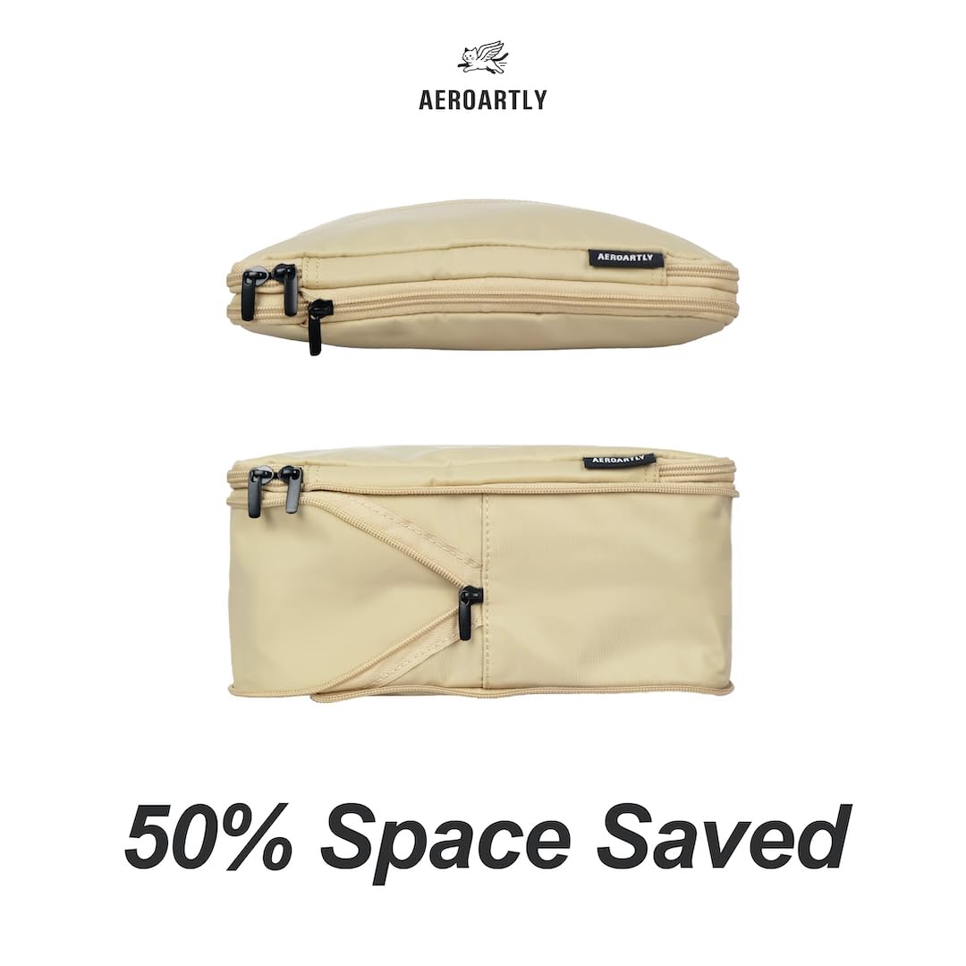 AEROARTLY Compression Packing Cubes for Travel, Carry On Suitcase Organizer, Travel Essentials for Women and Men, Travel Bags for AEROARTLY Luggage, Holiday & Birthday Gifts Bags (4PC Set, Beige)