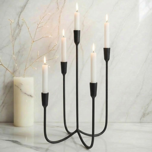 Yielycan Candelabra for 5 Taper Candles – Hand-Forged Candle Holder with Elegant Vintage Finish – Decorative Centerpiece for Dining Room, Living Room or Mantel Decor（Black）