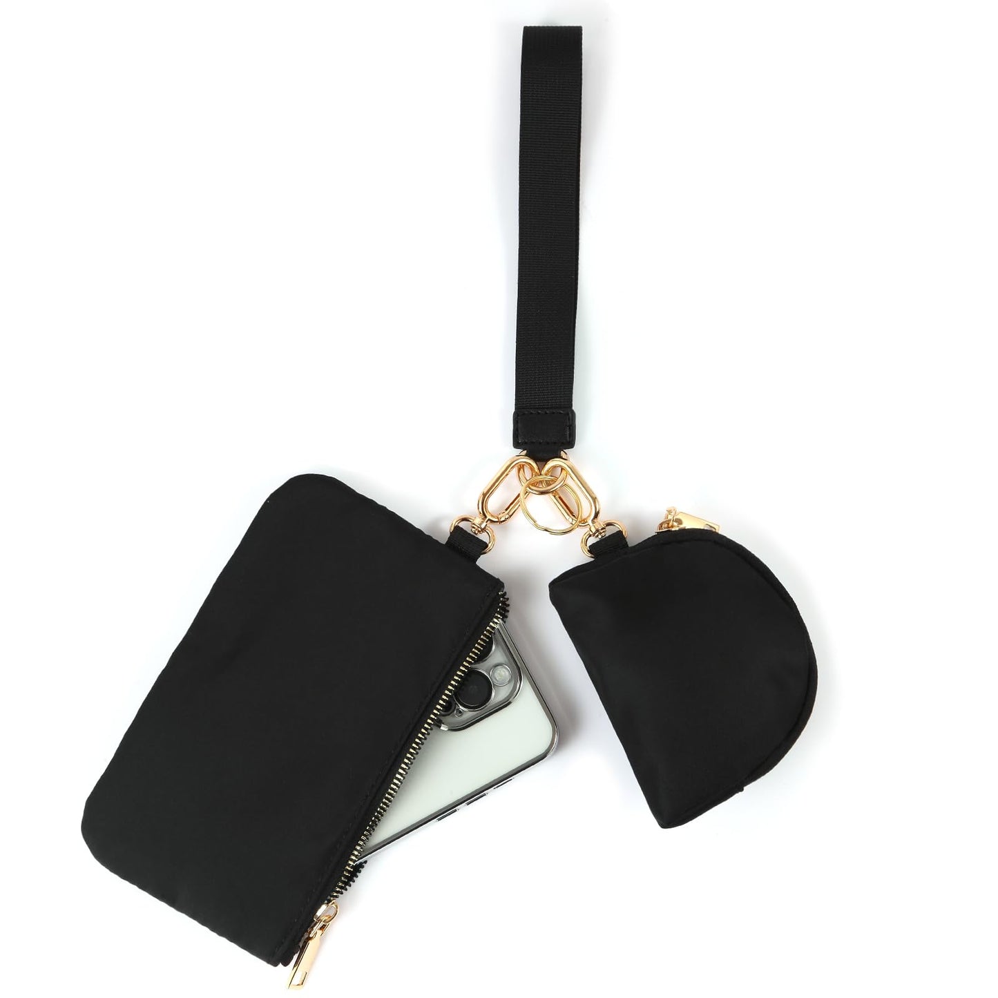 Mini Zip Around Wristlet Keychain Wallet for Women Detachable Dual Pouch Wristlet Portable Phone Coin Purse Coin Pocket (Black+Gold)