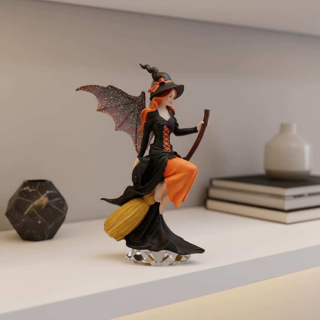 Comfy Hour 8" Gothic Fairy Witch Figurine on Broom, Fantasy Sorceress Statue with Mystical Wings, Spooky Halloween Indoor Decor Accent, Polyresin Artisan Crafted Sculpture, 1 Unit