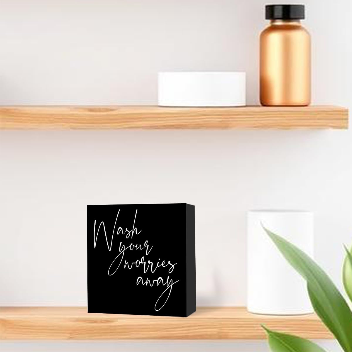 SJNH Wash Your Worries Away Sign Wood Block,Funny Black Bathroom Wooden Box Sign for Bathroom Shelf Washroom Toilet Restroom Shelves Decor 5" L x 5" W x 1.1" H