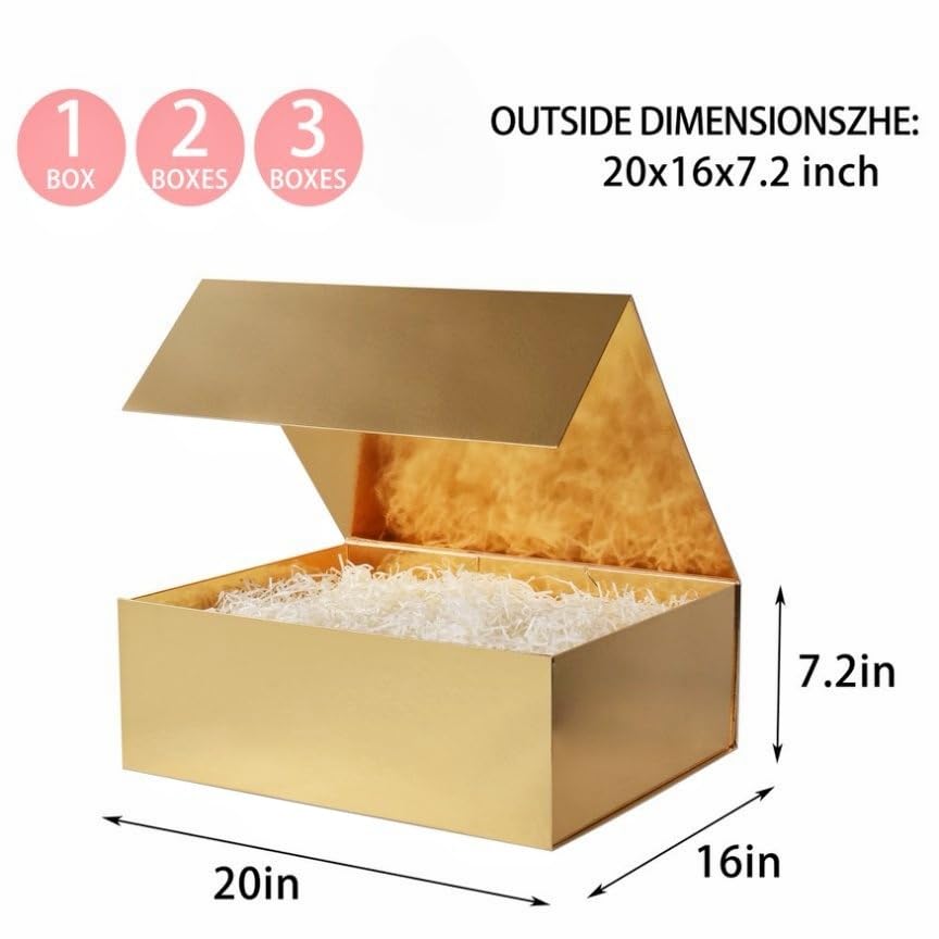 UoeRing 1 Extra Large Gold Gift Box 20x16x7 inch Luxury Gift Box for Presents with Magnetic Closure Lid Collapsible,Birthday,Christmas,Contains Card, Ribbon,Tissue Paper,Shredded Paper Filler