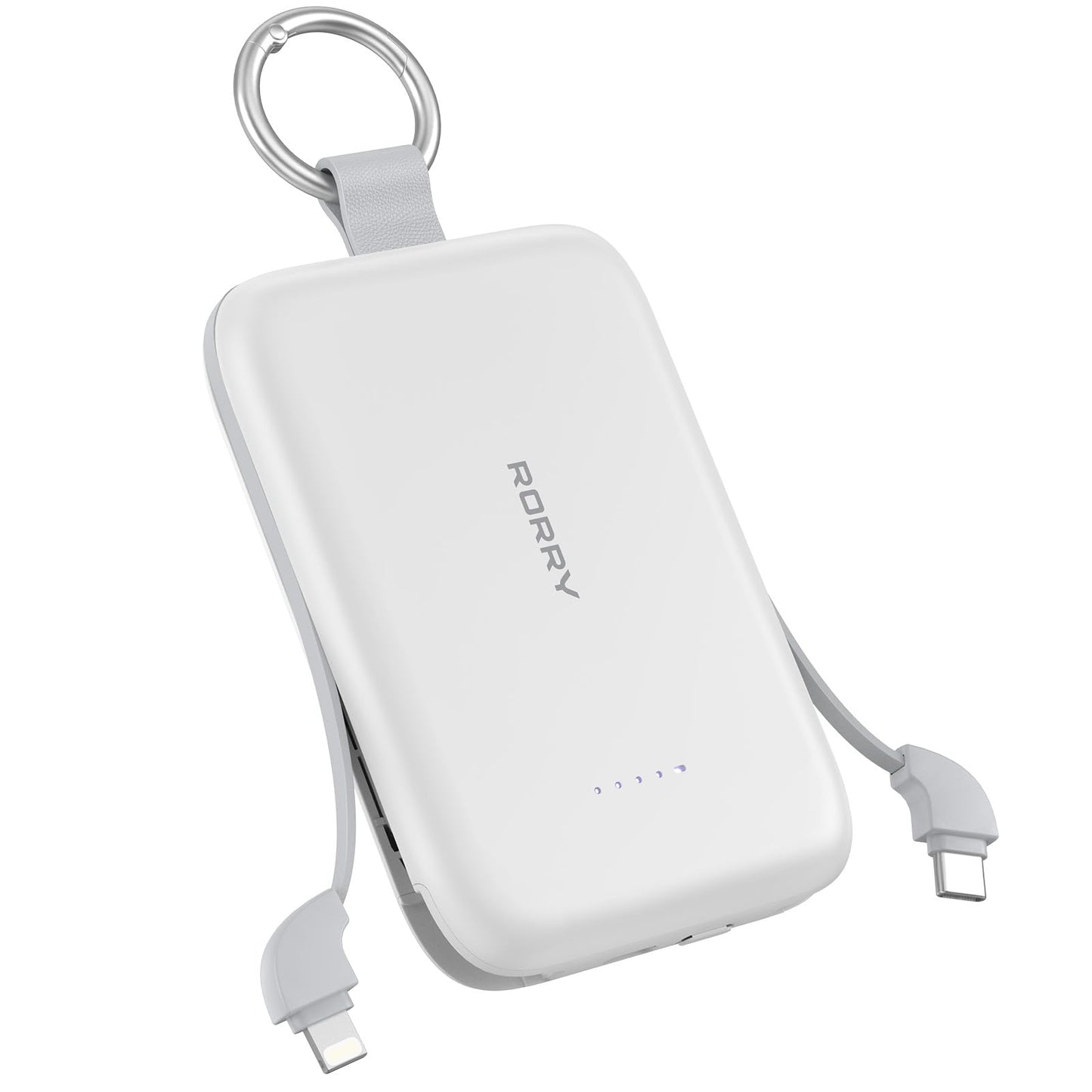 RORRY Portable Charger, 10000mAh PD 30W Fast Charging Portable Charger Power Bank with Built-in Cables, Travel Keychain Charger Battery Pack for iPhone 17/16/15/14/13/12, for AirPods 2/3/4/Pro, White