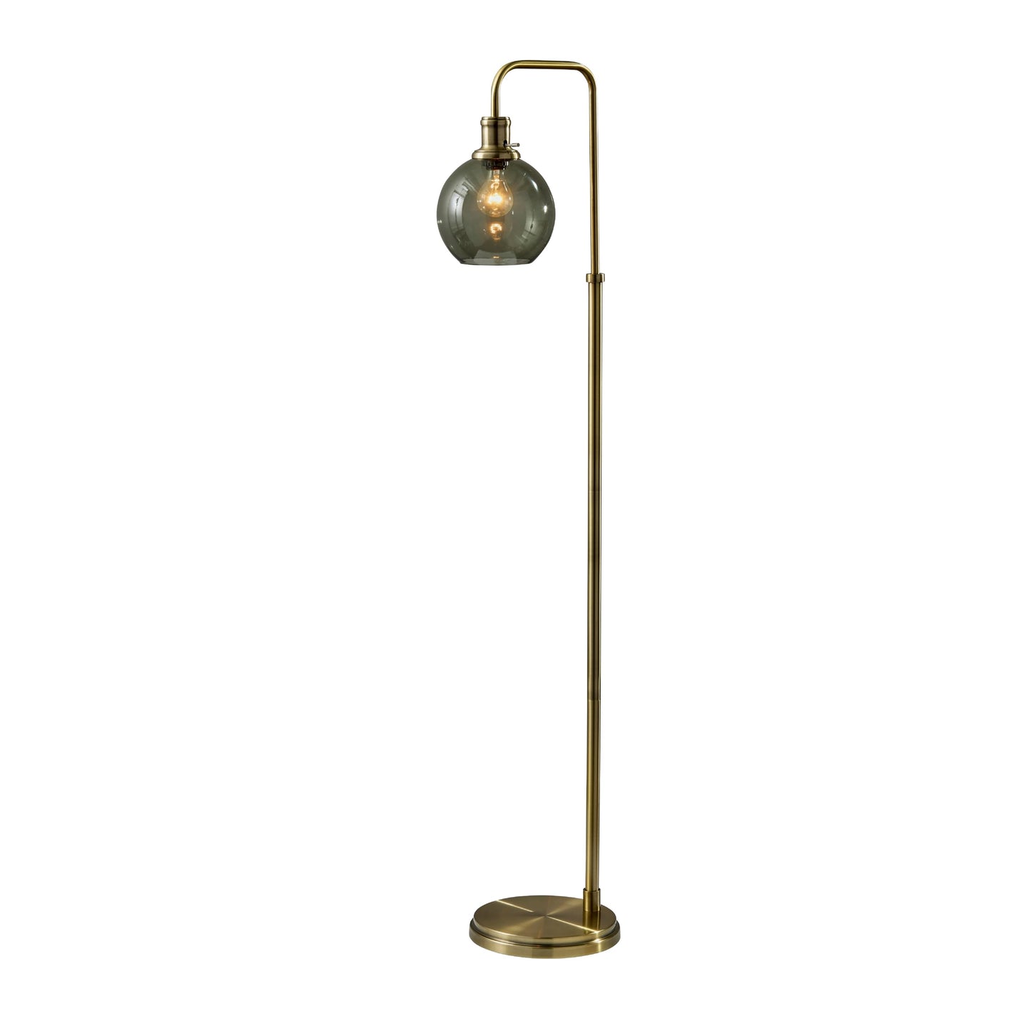 Adesso Globe Smoked Glass Floor Lamp with Antique Brass Finish – 60” Tall, Compact 10.5” Wide Base