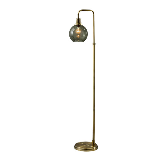 Adesso Globe Smoked Glass Floor Lamp with Antique Brass Finish – 60” Tall, Compact 10.5” Wide Base