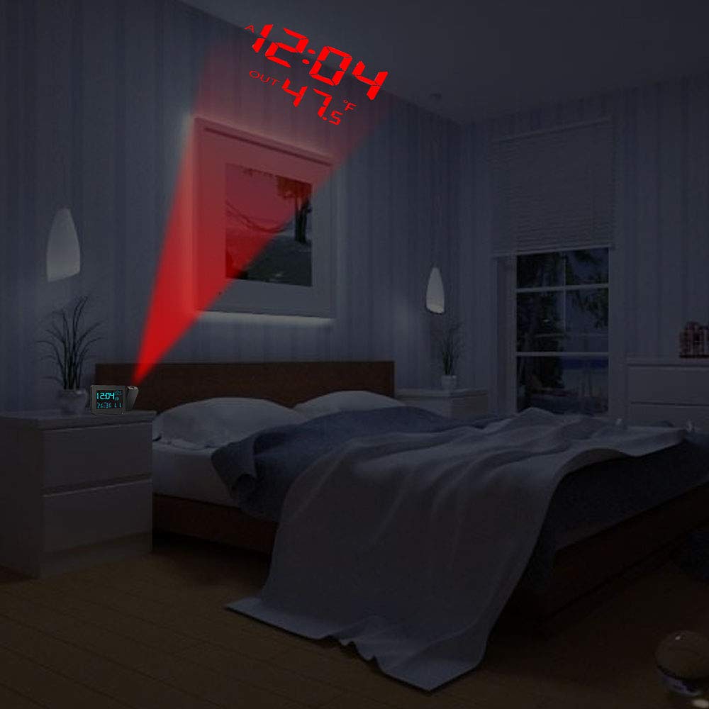 SMARTRO SC31B Digital Projection Alarm Clock with Weather Station, Indoor Outdoor Thermometer for Bedrooms, USB Charger, AC Battery Operated