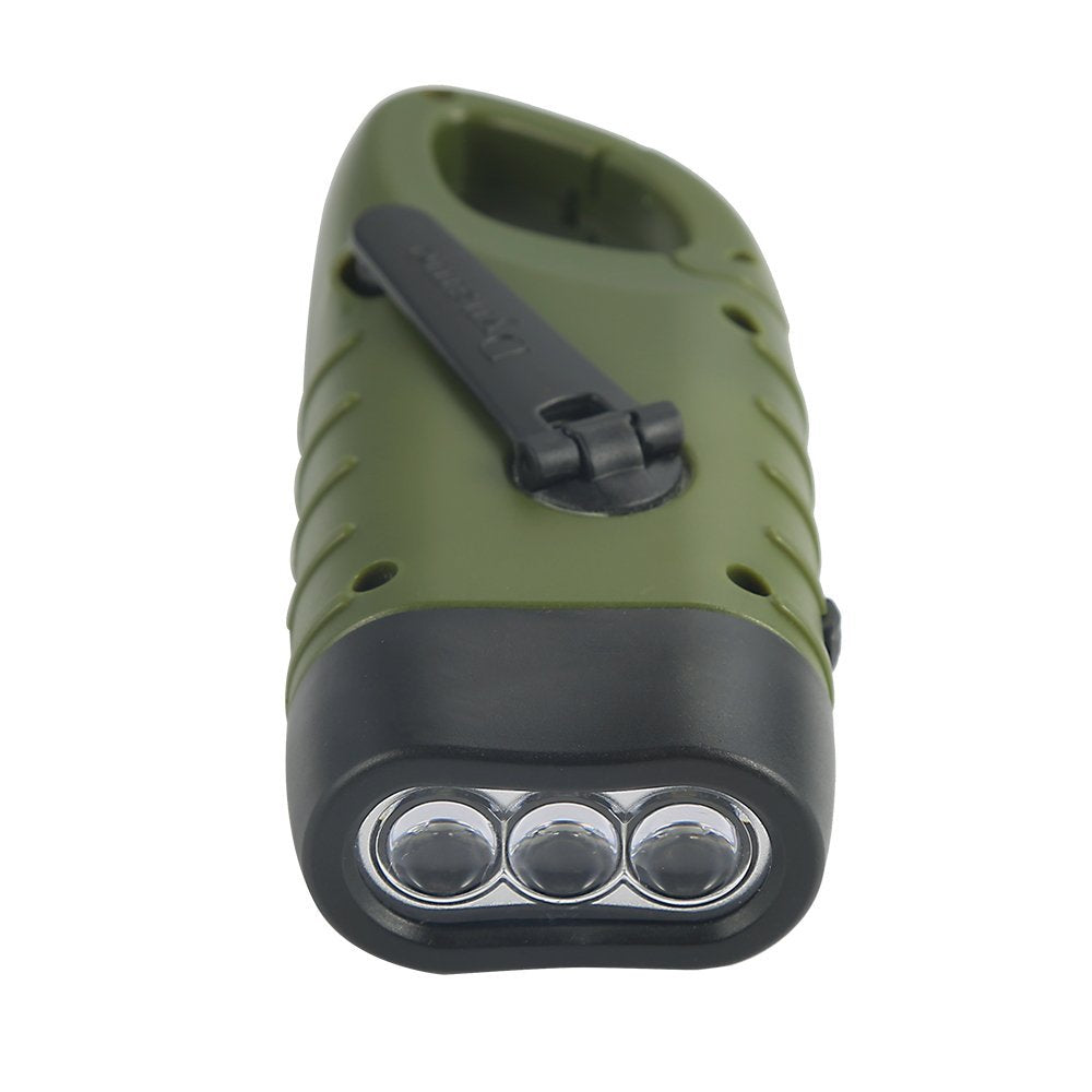 Simpeak 2-Pack Hand Crank Solar Powered Flashlight, Emergency Rechargeable LED Survival Flashlight, Quick Snap Carbiner Dynamo Flash Light Torch for Outdoor Sports, Green