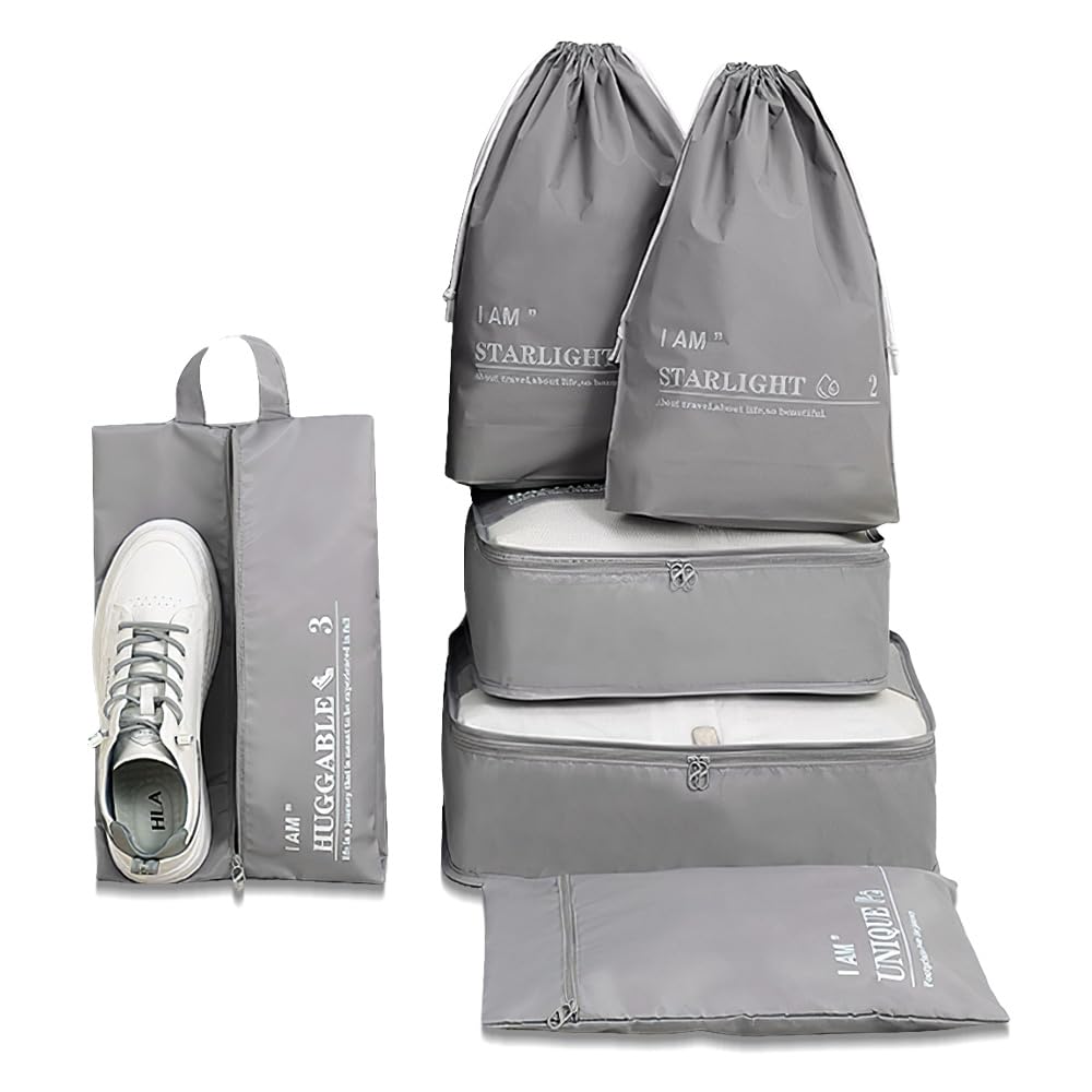 Omnpak 6 Set Packing Cubes Luggage Organizer Bags for Travel Accessories, Suitcase Organizer Bags Set Durable Lightweight with Shoe Bag Waterproof Drawstring Bag