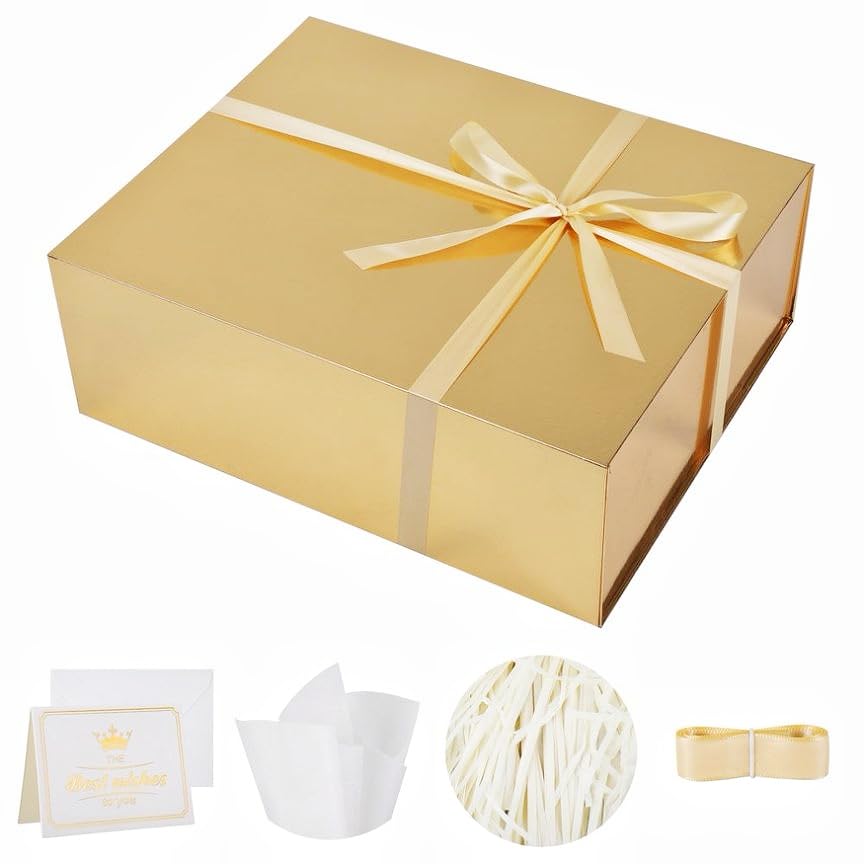 UoeRing 1 Extra Large Gold Gift Box 20x16x7 inch Luxury Gift Box for Presents with Magnetic Closure Lid Collapsible,Birthday,Christmas,Contains Card, Ribbon,Tissue Paper,Shredded Paper Filler