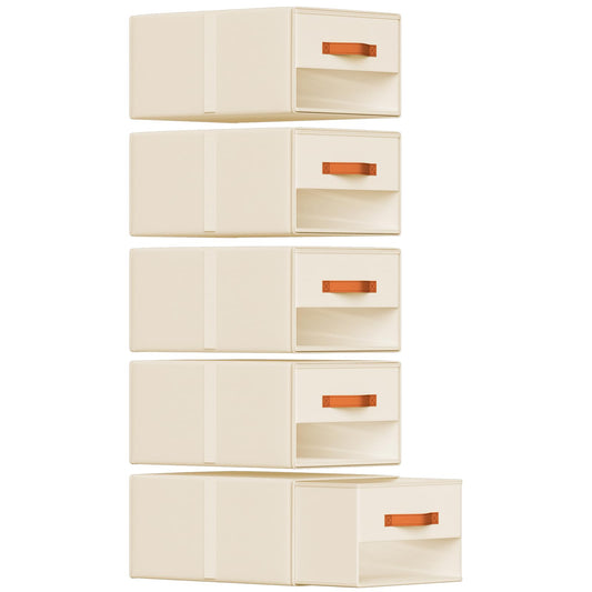 Easortm Stackable Storage Drawers - Pull Out Storage Bins with Drawers for Closet Clothes Organizers with Weekly Labels & Clear Window, Closet Shelf Storage for Bedroom, Living Room, 5 Pack, Beige