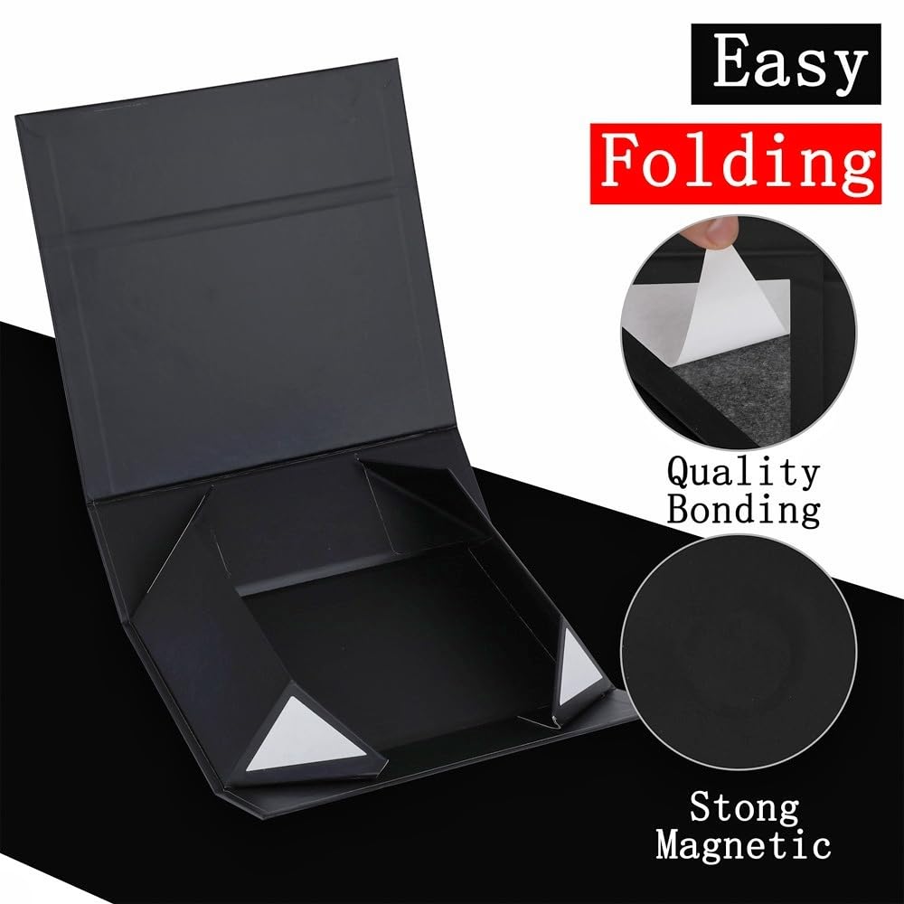 UoeRing 1 Pcs Black Gift Box 11.5x8x4 inch Luxury Gift Box for Presents with Magnetic Lid Collapsible,Birthday,Christmas,Contains Card, Ribbon, Tissue Paper,Shredded Paper Fille
