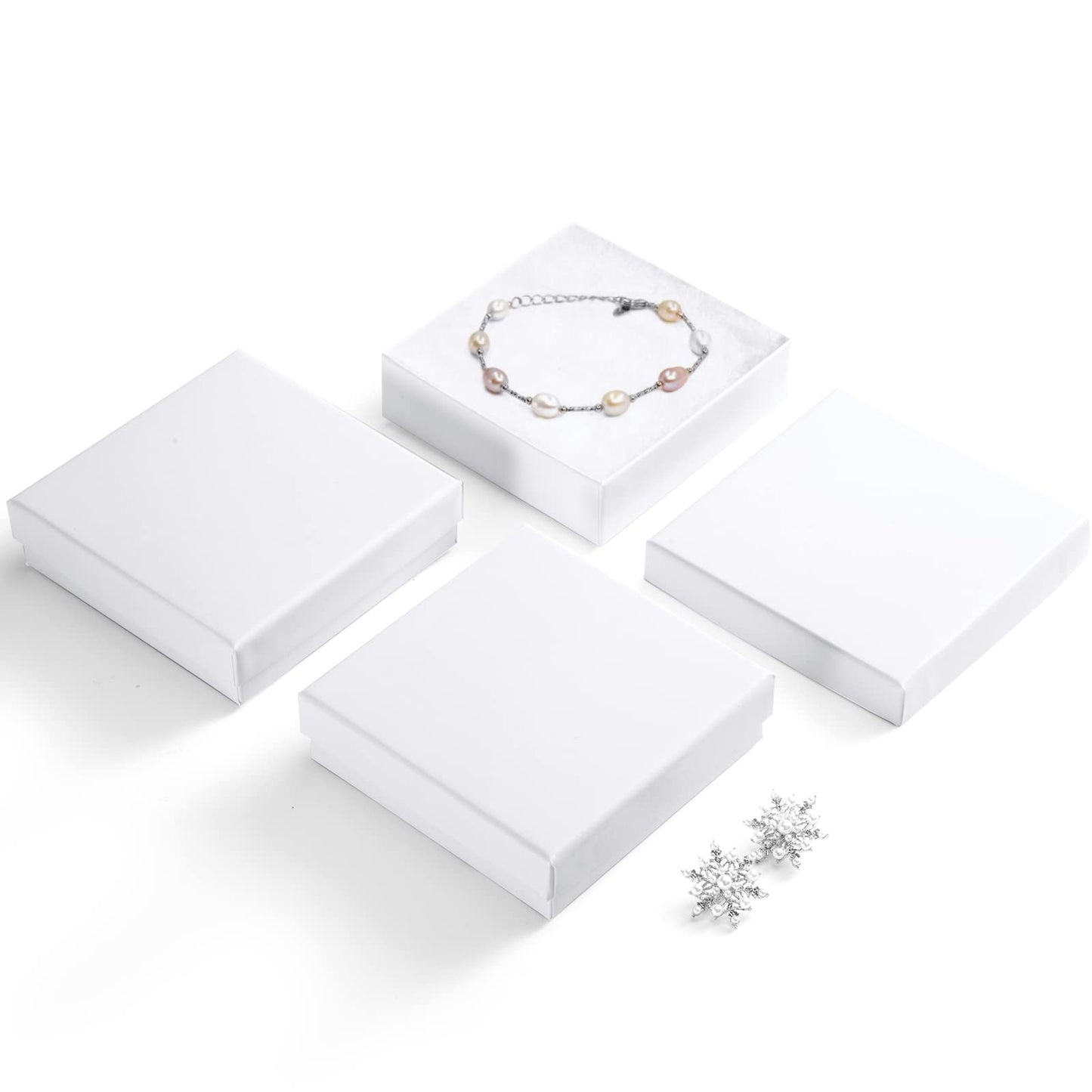 MESHA Cardboard Glossy Jewelry Gift Boxes, Cotton Filled Jewlery Box with Lids, White 3.5x3.5x1 Inch, Necklace Ring Bracelet Earring DisplayBox, Bulk Square Small Kraft Jewelry Gift Box, 96 Pieces