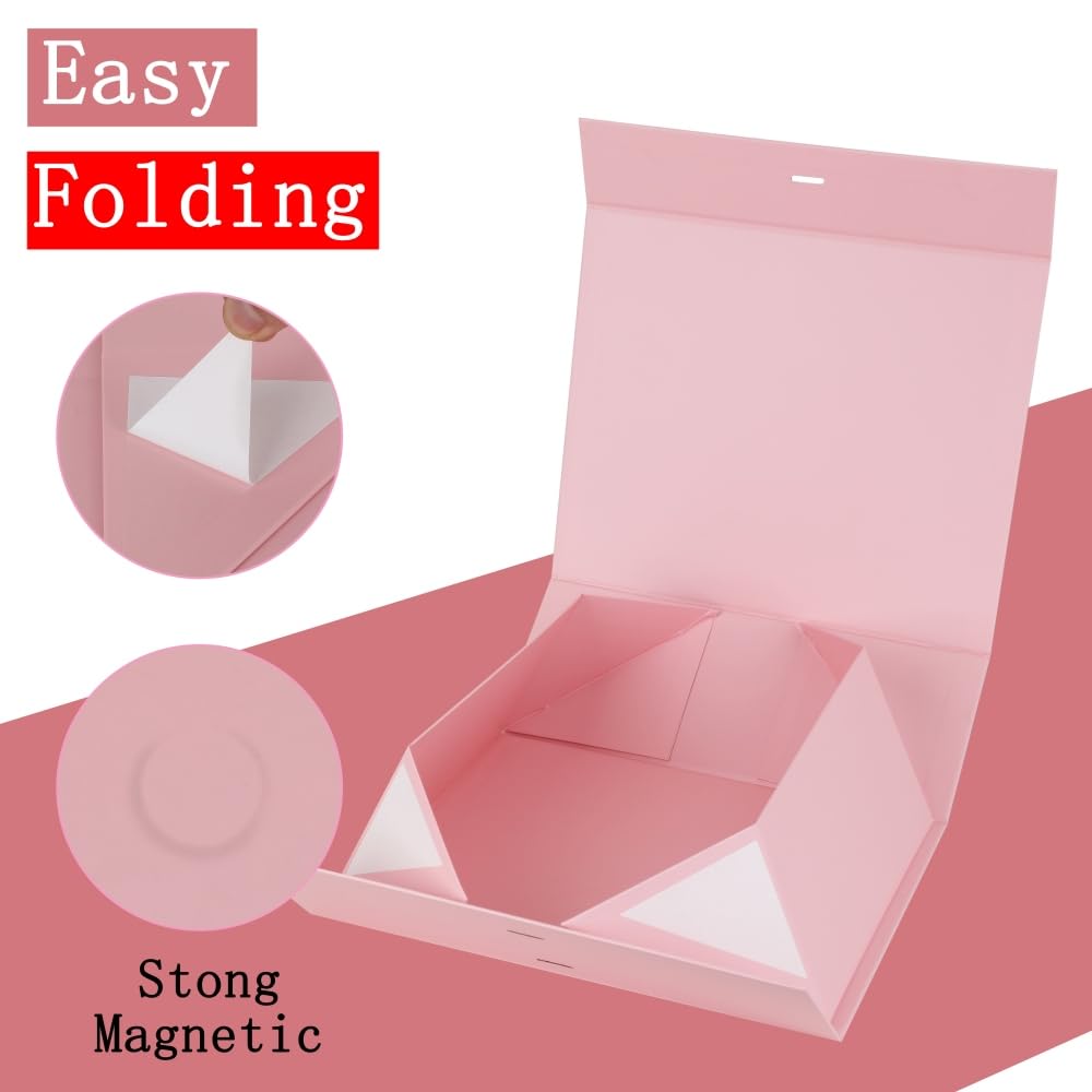 BoxSkivra Large Pink Gift Box with Ribbon 1 Pack 16.5X13X5.3 Inch Extra Large Gift Box with Lid Magnetic Closure Rectangle Collapsible Luxury Boxes for Mother's Day、Shredded Paper Filler & Card