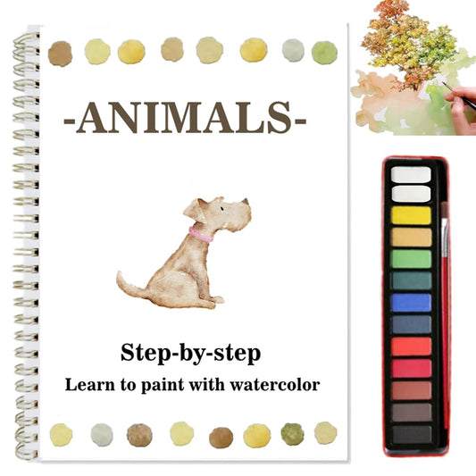Watercolor Workbooks Coloring Book Easy Nature Scenes Beginner Friendly Watercolor Paint Set Art Crafts Painting Kit for Creative Exploration Gift for Adults Beginners (Animals, with Palette)