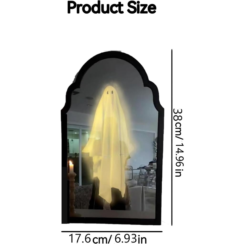 KYWYOYOU 2025 Novelty Ghost Mirror with LED Lights – Scary Holographic Mirror with Haunted Ghost Figure, Halloween Indoor Decoration for Bedroom, Bathroom, Fireplace, DIY Wall Decor (Style A-Small)