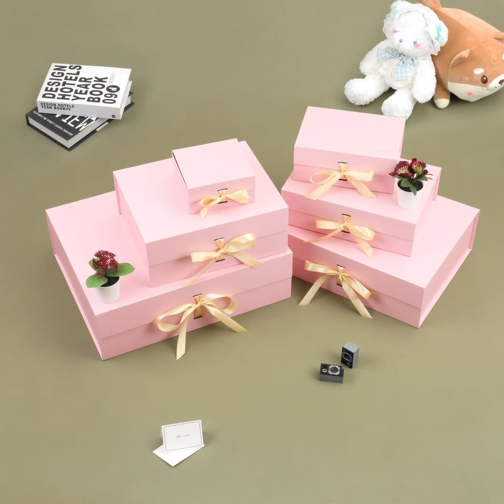 BoxSkivra Large Gift Boxes with Lids 5 Pack 13X11X5.3 Inch Large Pink Gift Box with Ribbon Foldable Gift Boxes for Presents、Graduation、Birthdays、Valentine's day、Shredded Paper for Gift Box with Cards