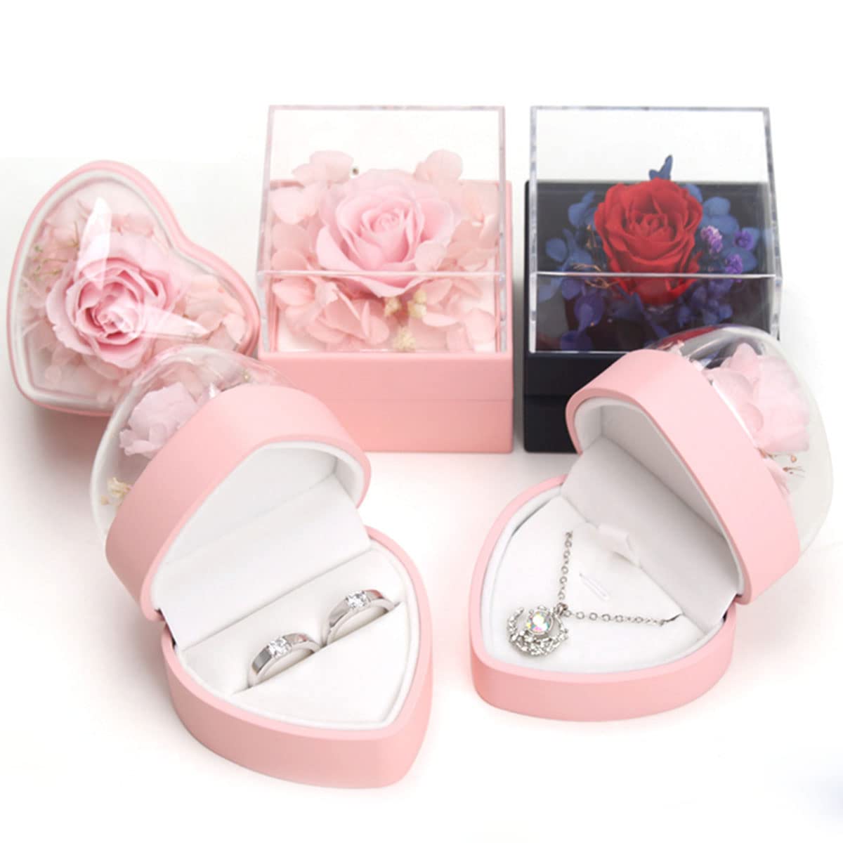 Hsiwto Preserved Flower Rose Ring Box, Heart Shape Velvet Jewelry Box for Valentine's Day Mother's Day Wedding Anniversary Birthday Gift, Pink
