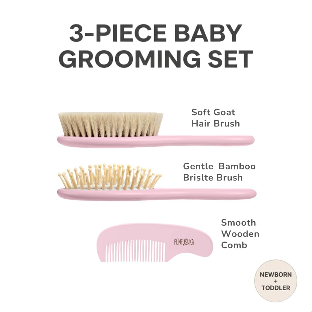 FUNFUSHKA Baby Hair Brush Set for Newborns - Baby Brush and Comb Set - Ultra Soft Goat Hair Bristles, Perfect for Cradle Cap, Newborn Showers & Registries Gift, Comb Brush for Girls & Boys (Rosa)