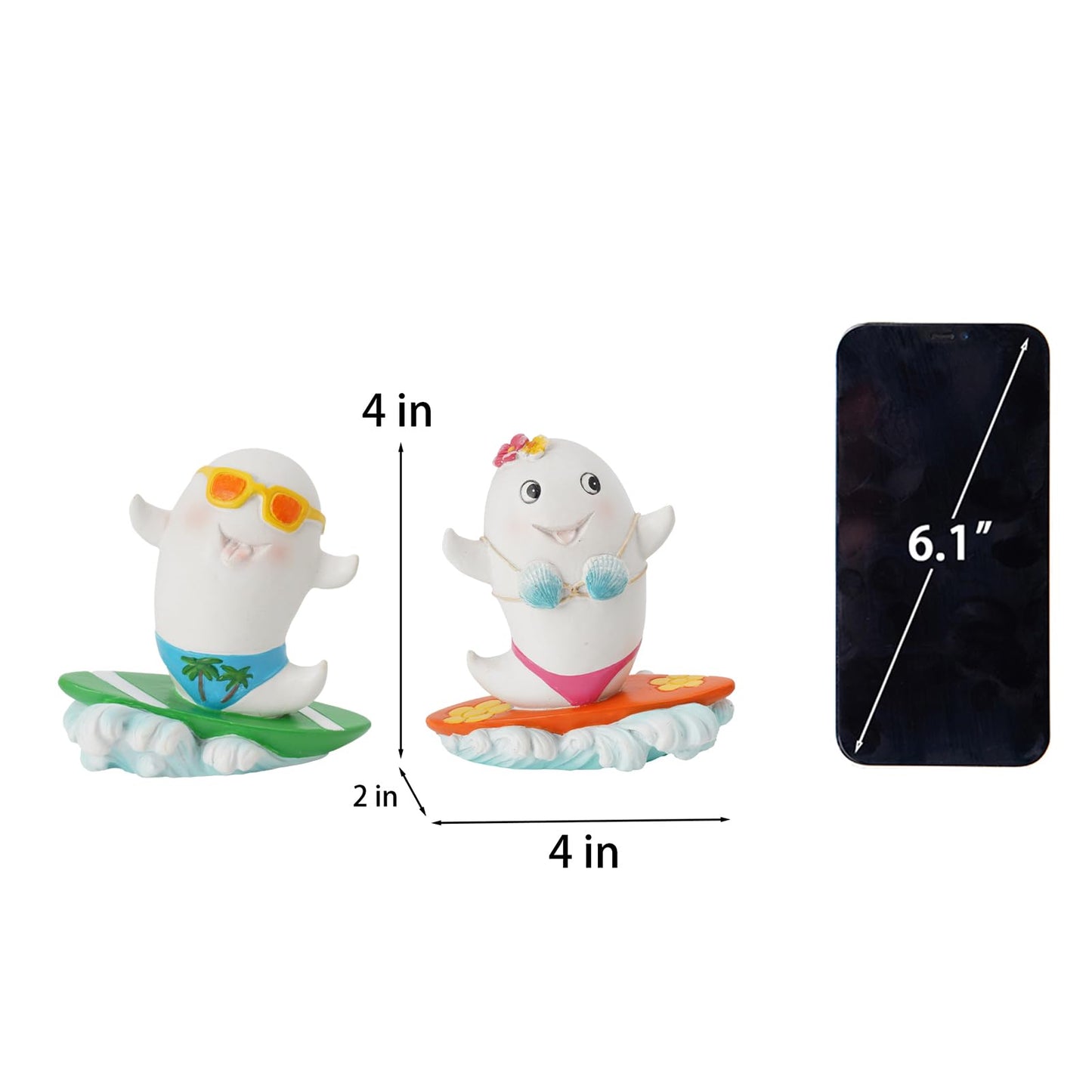 DiliComing Summer Decorations Ghost Halloween Decor - Resin Set of 2 Cute Ghost Figurine for Pool Beach Shelf Desktop Tropical Party Halloween Summerween Gifts Outdoor Decor 4 x 2 x 4 Inch