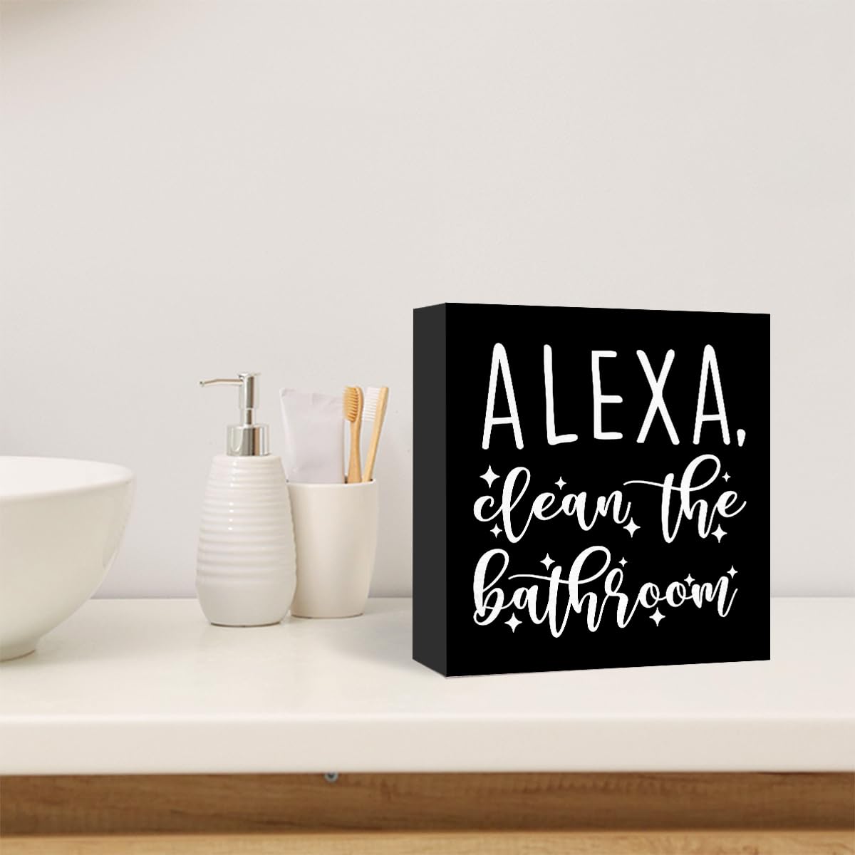 Funny Black Wood Sign Alexa Clean the Bathroom - Wooden Block Sign for Shelf, Toilet, Restroom, Home, Tabletop, Desk Decor - Farmhouse Style