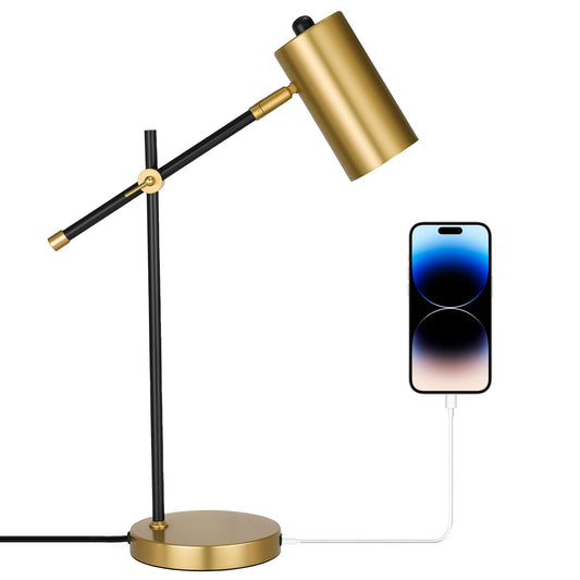 Folux Modern Black and Gold Desk Lamp with Type C Charging Port, Minimalist Industrial Table Lamp with Swing Arm, for Study Room Home Office Bedroom Bedside Nightstand