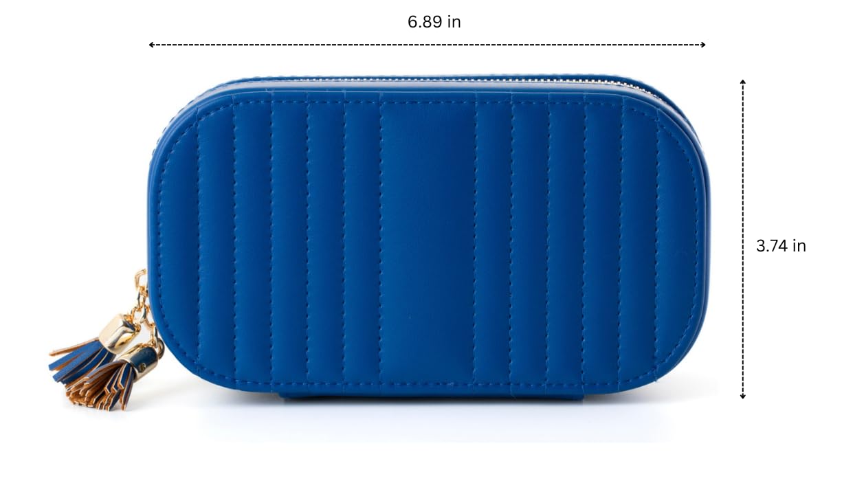 Crafted Living Summer Gift Blue Elegant Oval Jewelry Travel Case | Zip-Closure Jewelry Box with Mirror, Slots for Pendants, Bracelets, Rings & Earrings, Complimentary Dust Bag
