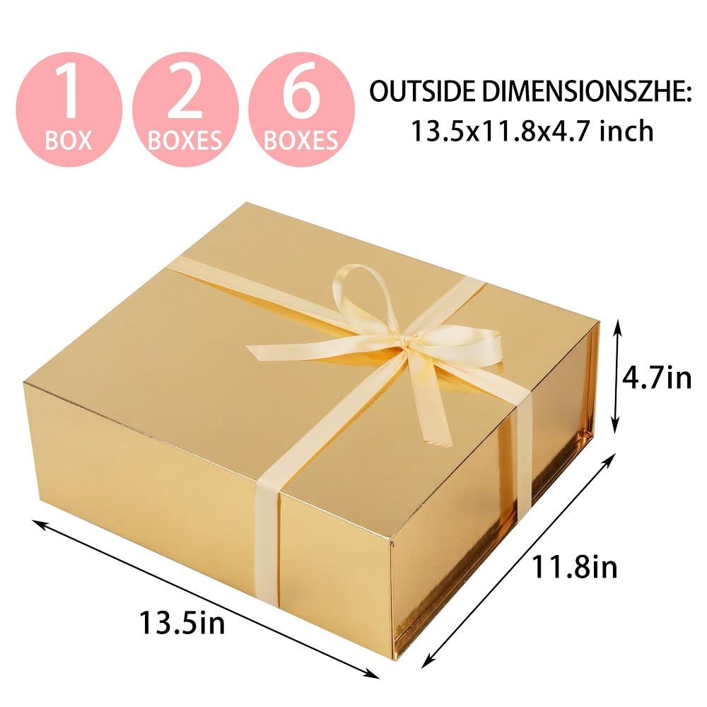 UoeRing 1 Pcs Gold Gift Box Large 13.5x11.8x4.7 inch Luxury Gift Box for Presents with Magnetic Closure Lid Collapsible,Birthday,Contains Card, Ribbon, Tissue Paper,Shredded Paper Filler