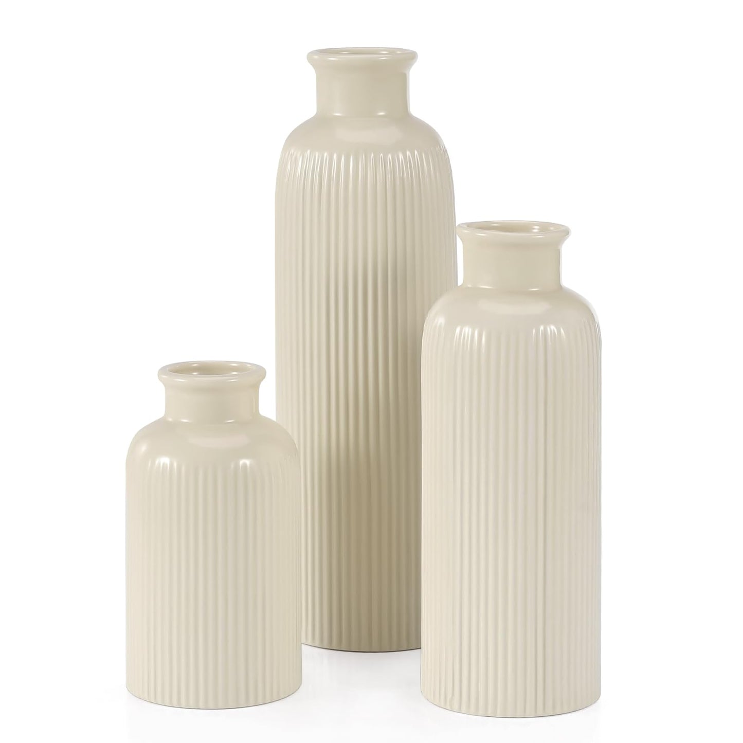 Small Beige Ceramic Vase Set of 3, Boho Modern Beige Flower Vase Room Decor, Farmhouse Decor, Vases for Your Kitchen, Bathroom, Bedroom, Living Room, Office&Shelf Centerpiece Table Decorations