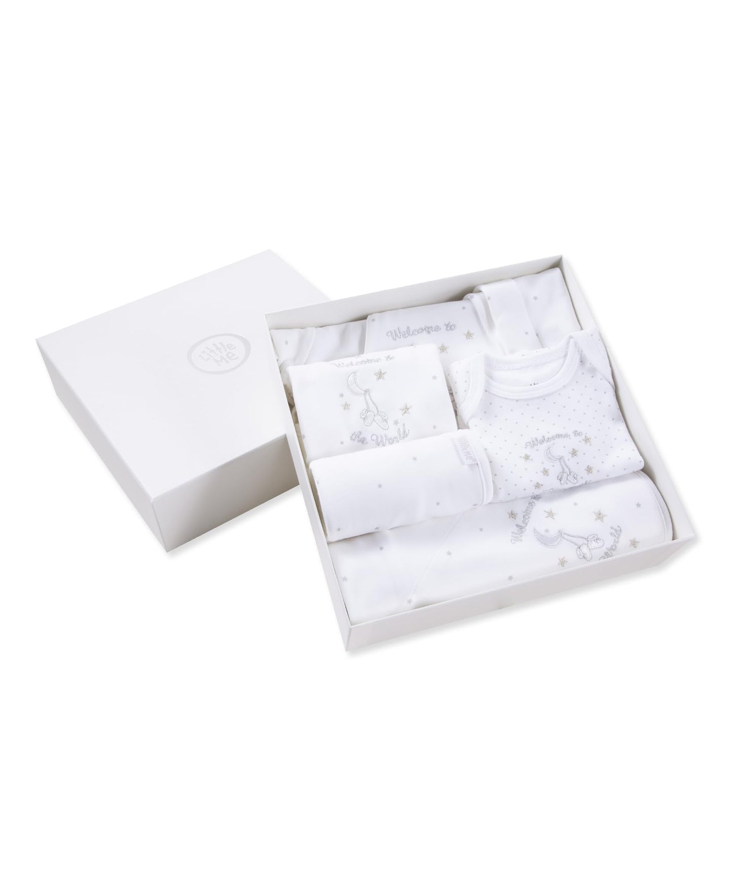 Little Me Clothes for Baby Layette Gift Set - Footie and Cap, Onesie, 3-Piece Bib and Burp Set, Swaddling Blanket, Baby Shower Gifts - White Welcome Clothes for World, Newborn