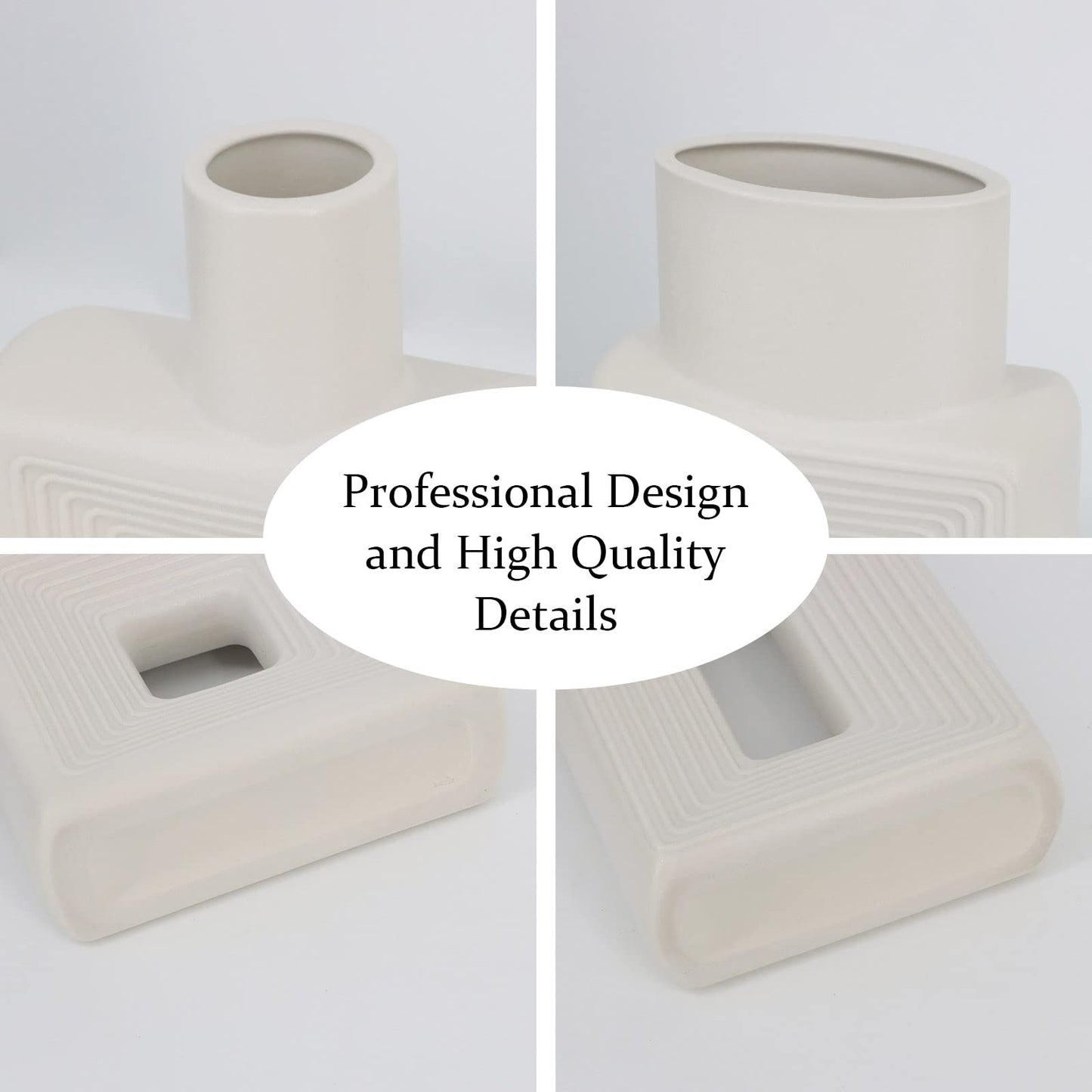 White Ceramic Vase Set of 2，Square Vase Rustic Home Decor Minimalist Nordic Boho Style for Living Room, Shelf, Table, Bookshelf, Mantel and Entryway Decor Vases