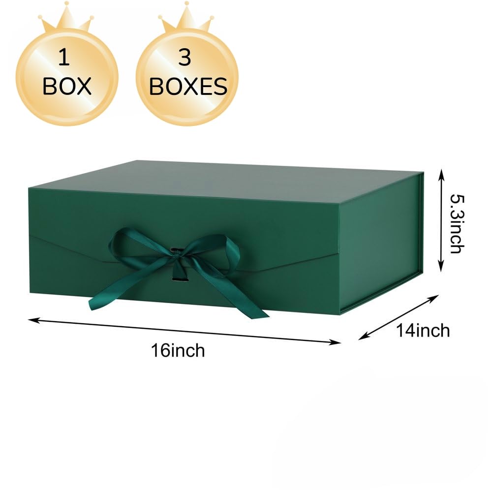 GoooodGift Extra Large Gift Box Green 1 Pack 16x13.5x5.3 inch Luxury Gift Box for Presents with Magnetic Closure Lid Collapsible,Birthday,Christmas,Wedding,Contains Shredded Paper Filler