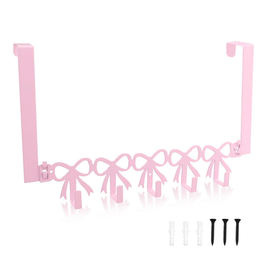 Yitexin 2 Way Mounting, Wall Mount or Over the Door Hooks, Cute Pink Bow Door Rack Hanger for Hanging, Heavy Duty Towel Rack with 5 Hook for Hats Purses Coats Clothes Bathroom Organizer (Pink)